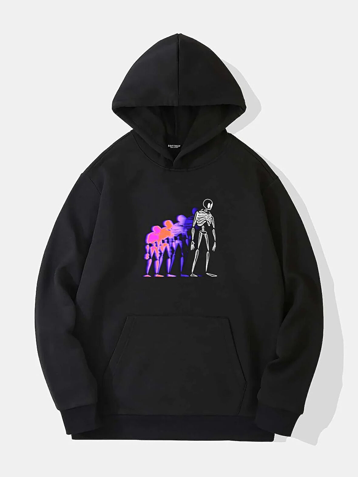 Unisex Colorful Skeleton Baskılı Kapüşonlu İçi Yumuşak Polarlı Oversize Sweatshirt - SİYAH