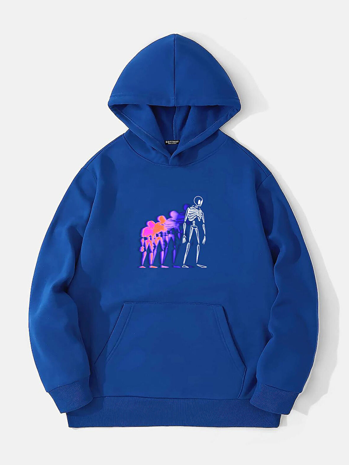 Unisex Colorful Skeleton Baskılı Kapüşonlu İçi Yumuşak Polarlı Oversize Sweatshirt - SAKS MAVİSİ