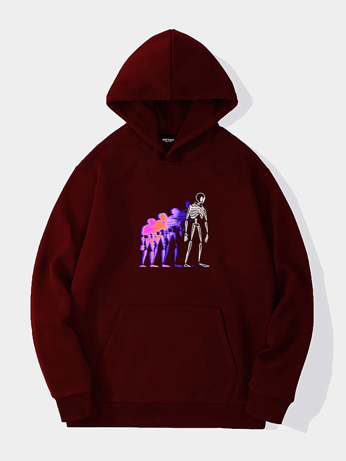 Unisex Colorful Skeleton Baskılı Kapüşonlu İçi Yumuşak Polarlı Oversize Sweatshirt - BORDO