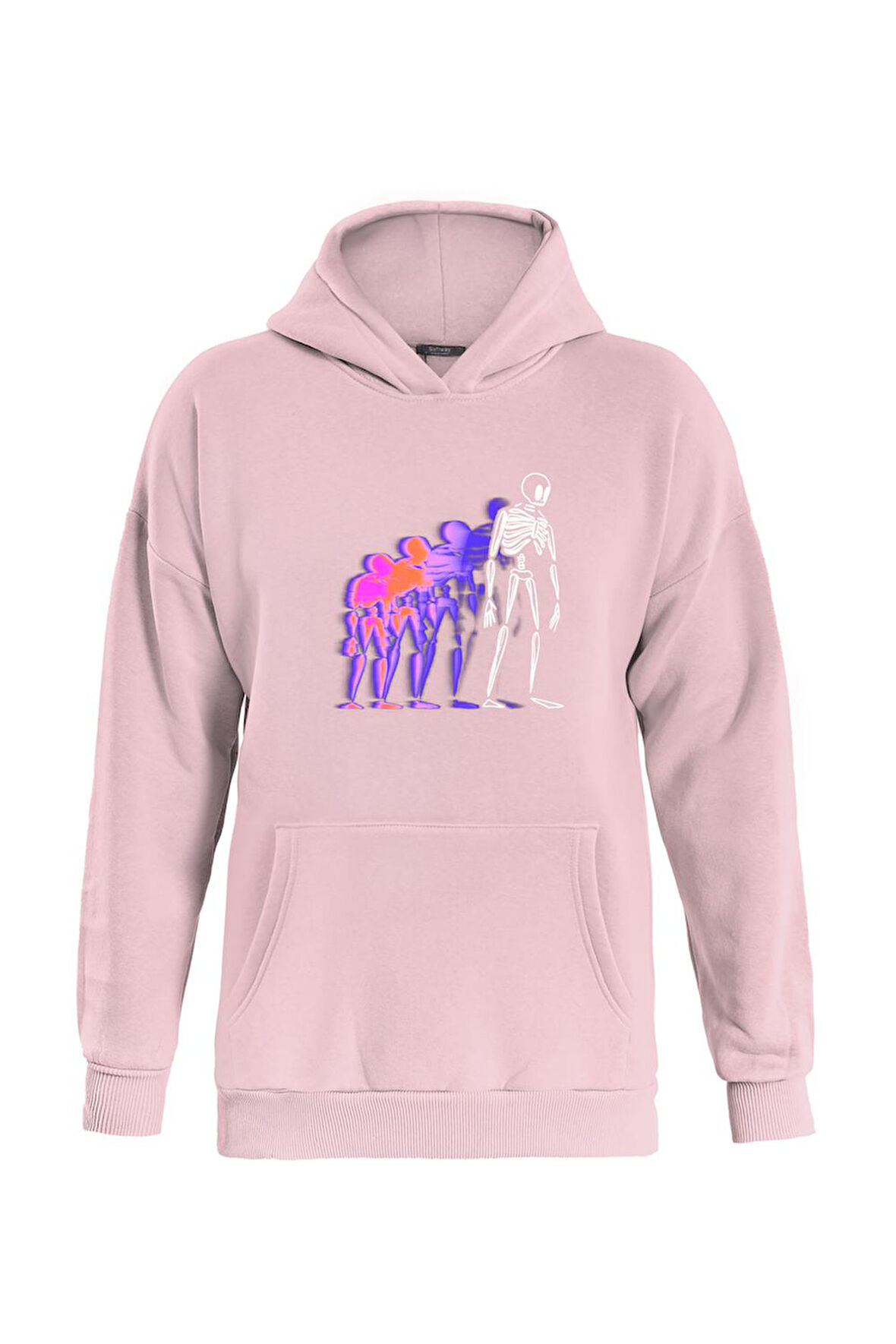 Unisex Colorful Skeleton Baskılı Kapüşonlu İçi Yumuşak Polarlı Oversize Sweatshirt - PEMBE