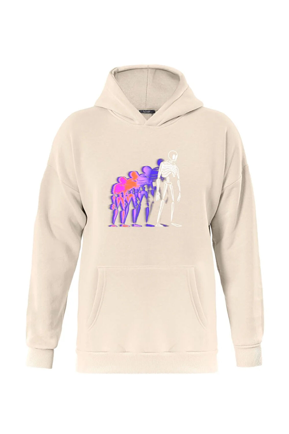 Unisex Colorful Skeleton Baskılı Kapüşonlu İçi Yumuşak Polarlı Oversize Sweatshirt - BEJ