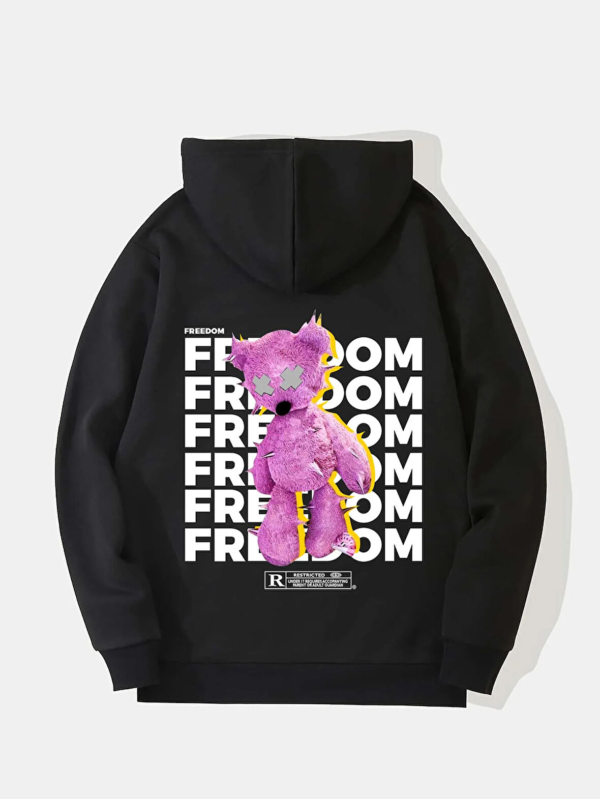 Unisex Freedom Baskılı Kapüşonlu İçi Yumuşak Polarlı Oversize Sweatshirt - SİYAH