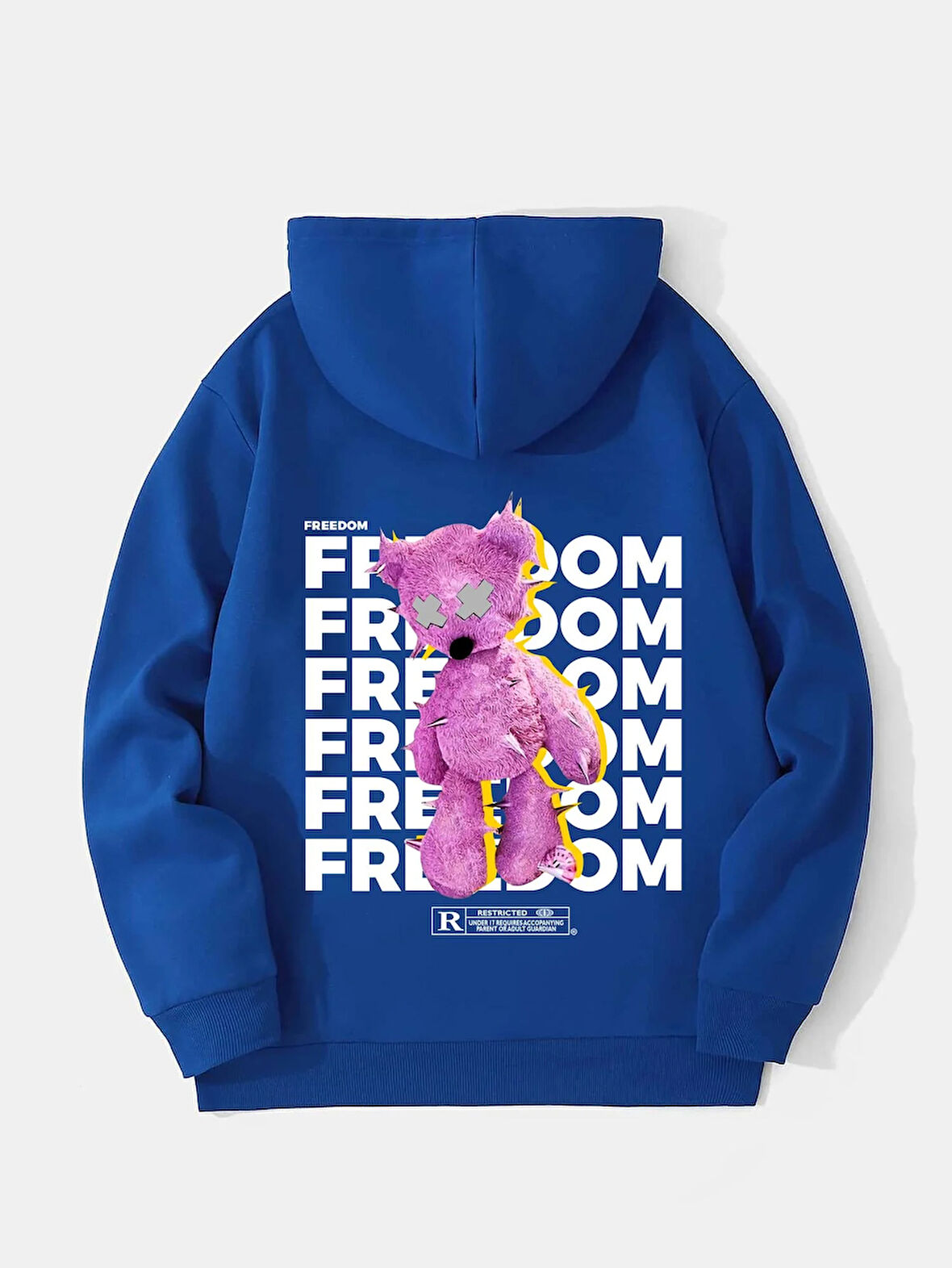 Unisex Freedom Baskılı Kapüşonlu İçi Yumuşak Polarlı Oversize Sweatshirt - SAKS MAVİSİ