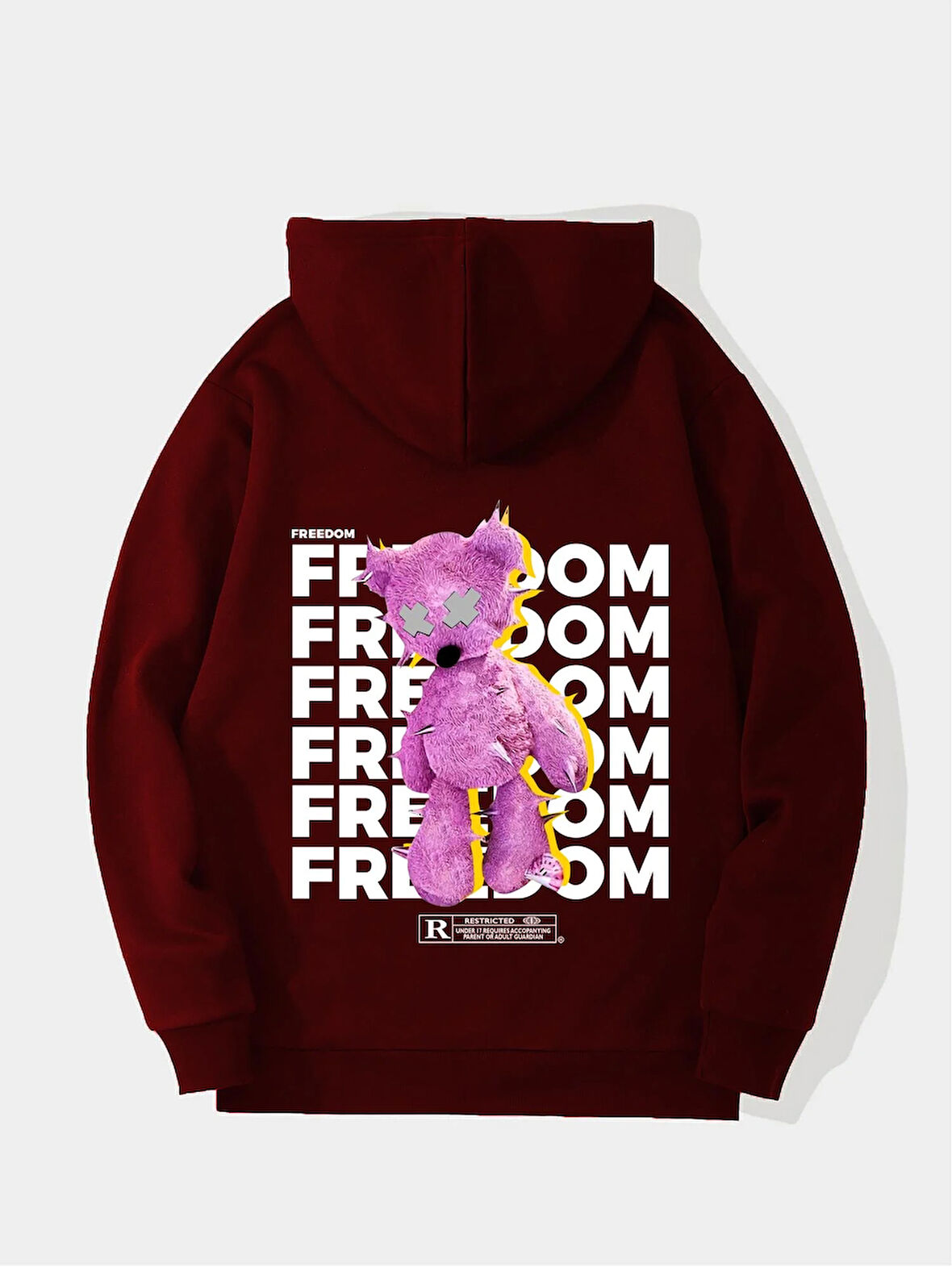 Unisex Freedom Baskılı Kapüşonlu İçi Yumuşak Polarlı Oversize Sweatshirt - BORDO