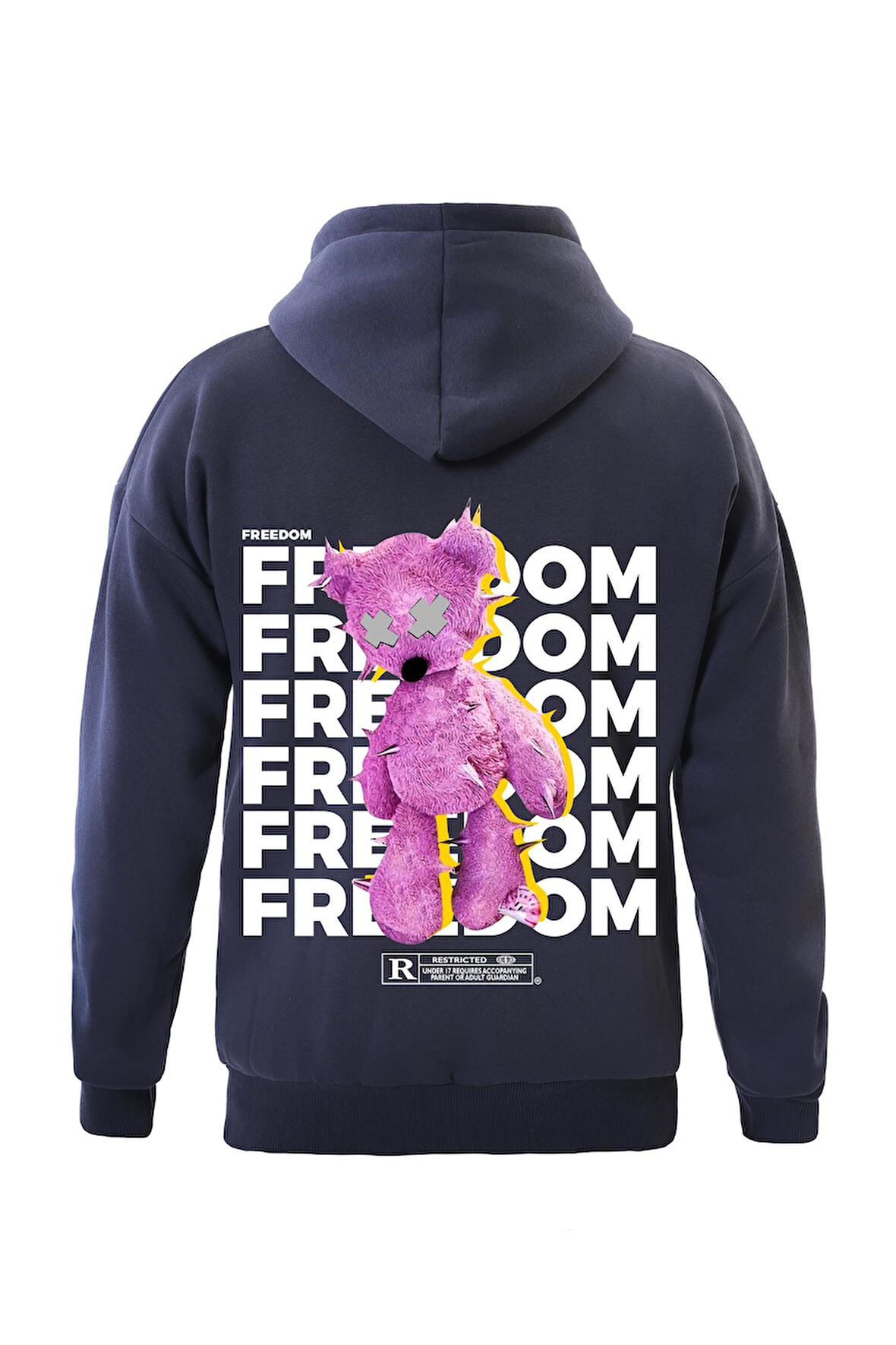 Unisex Freedom Baskılı Kapüşonlu İçi Yumuşak Polarlı Oversize Sweatshirt - LACİVERT
