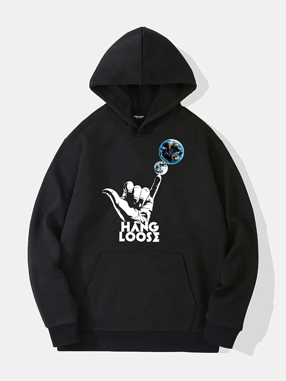 Unisex Hang Loose Baskılı Kapüşonlu İçi Yumuşak Polarlı Oversize Sweatshirt - SİYAH