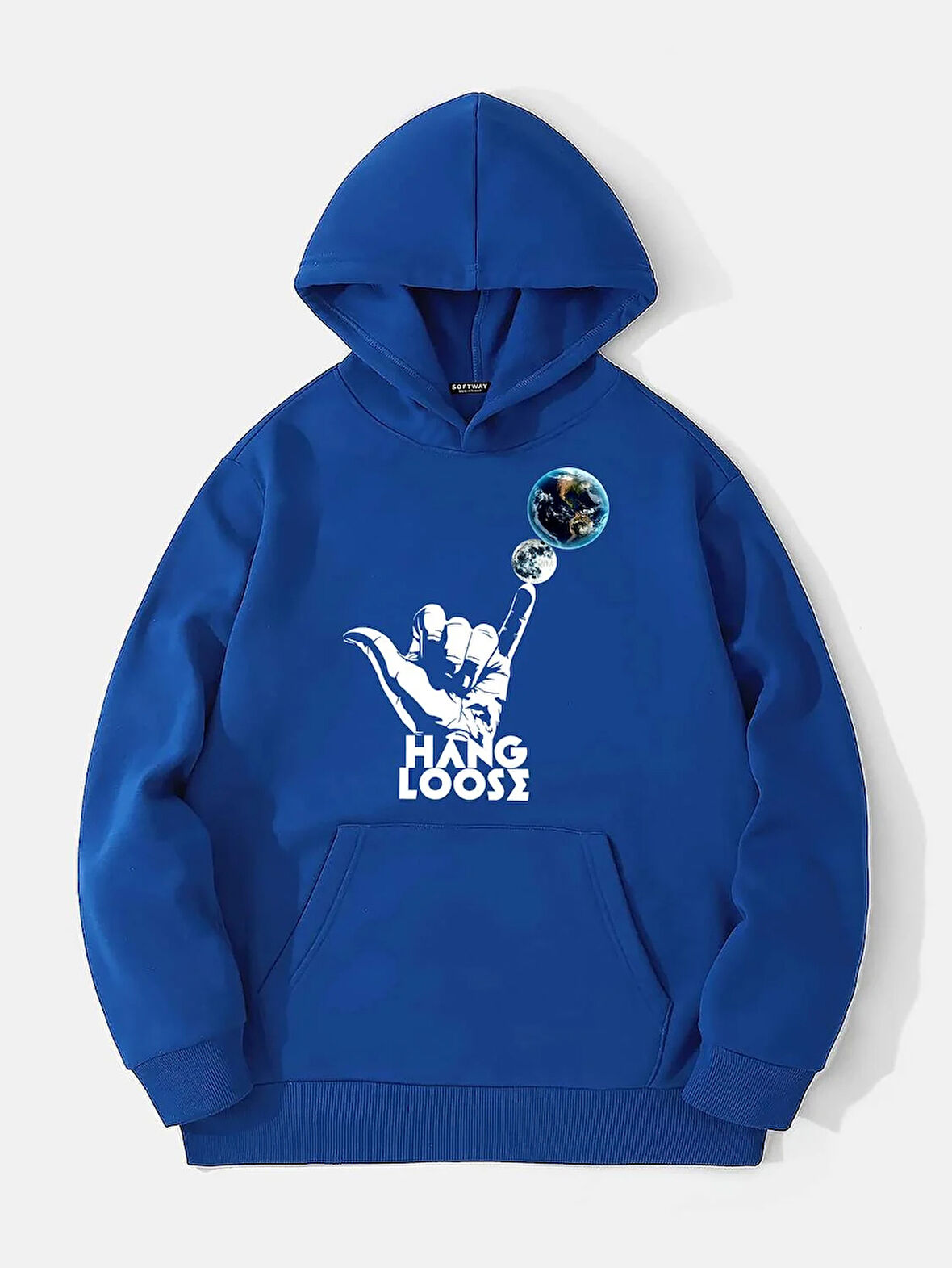 Unisex Hang Loose Baskılı Kapüşonlu İçi Yumuşak Polarlı Oversize Sweatshirt - SAKS MAVİSİ