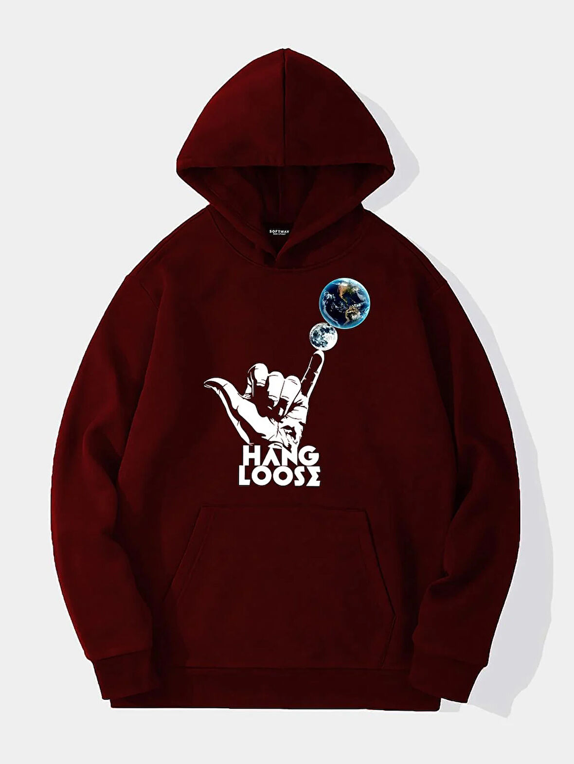 Unisex Hang Loose Baskılı Kapüşonlu İçi Yumuşak Polarlı Oversize Sweatshirt - BORDO