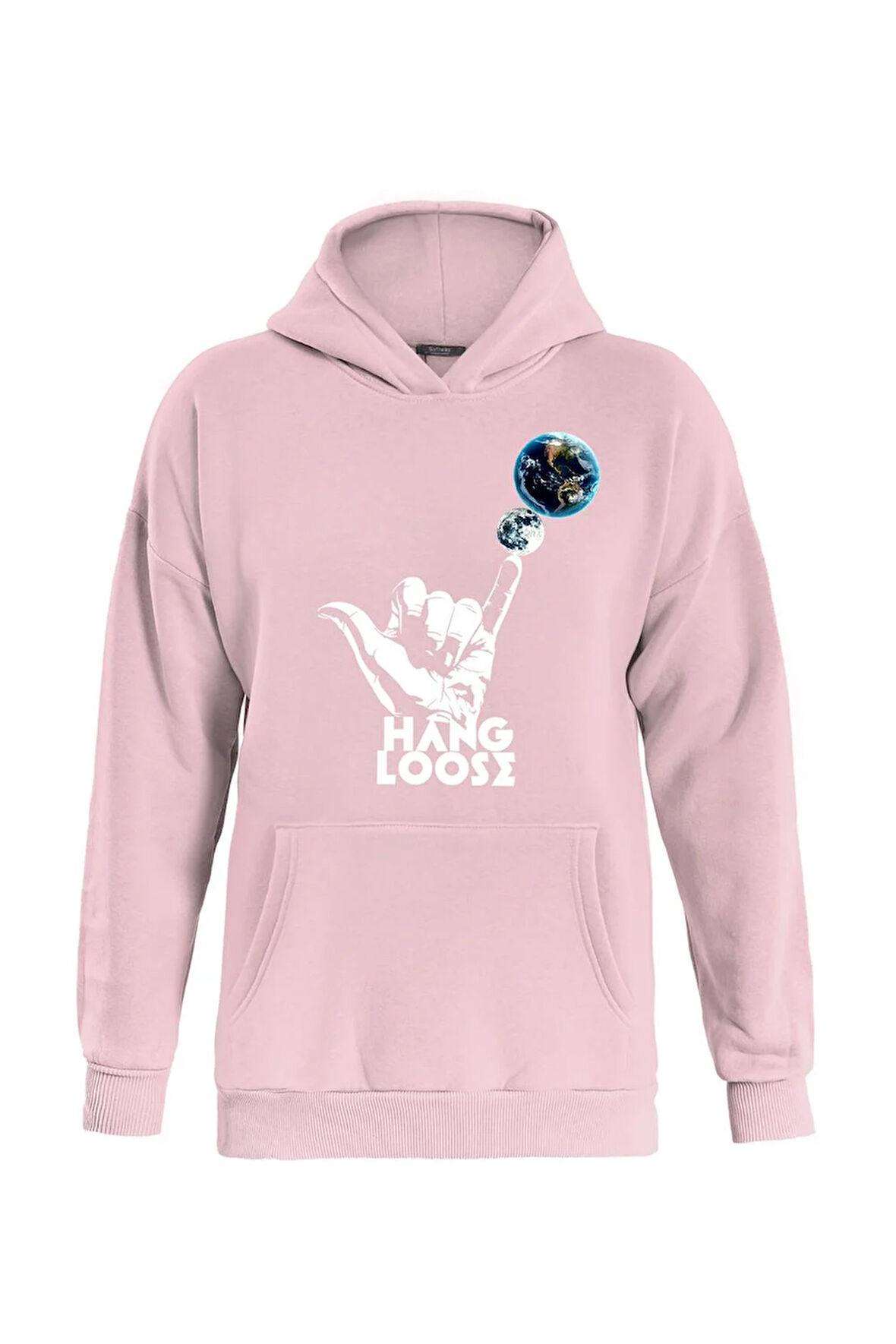 Unisex Hang Loose Baskılı Kapüşonlu İçi Yumuşak Polarlı Oversize Sweatshirt - PEMBE