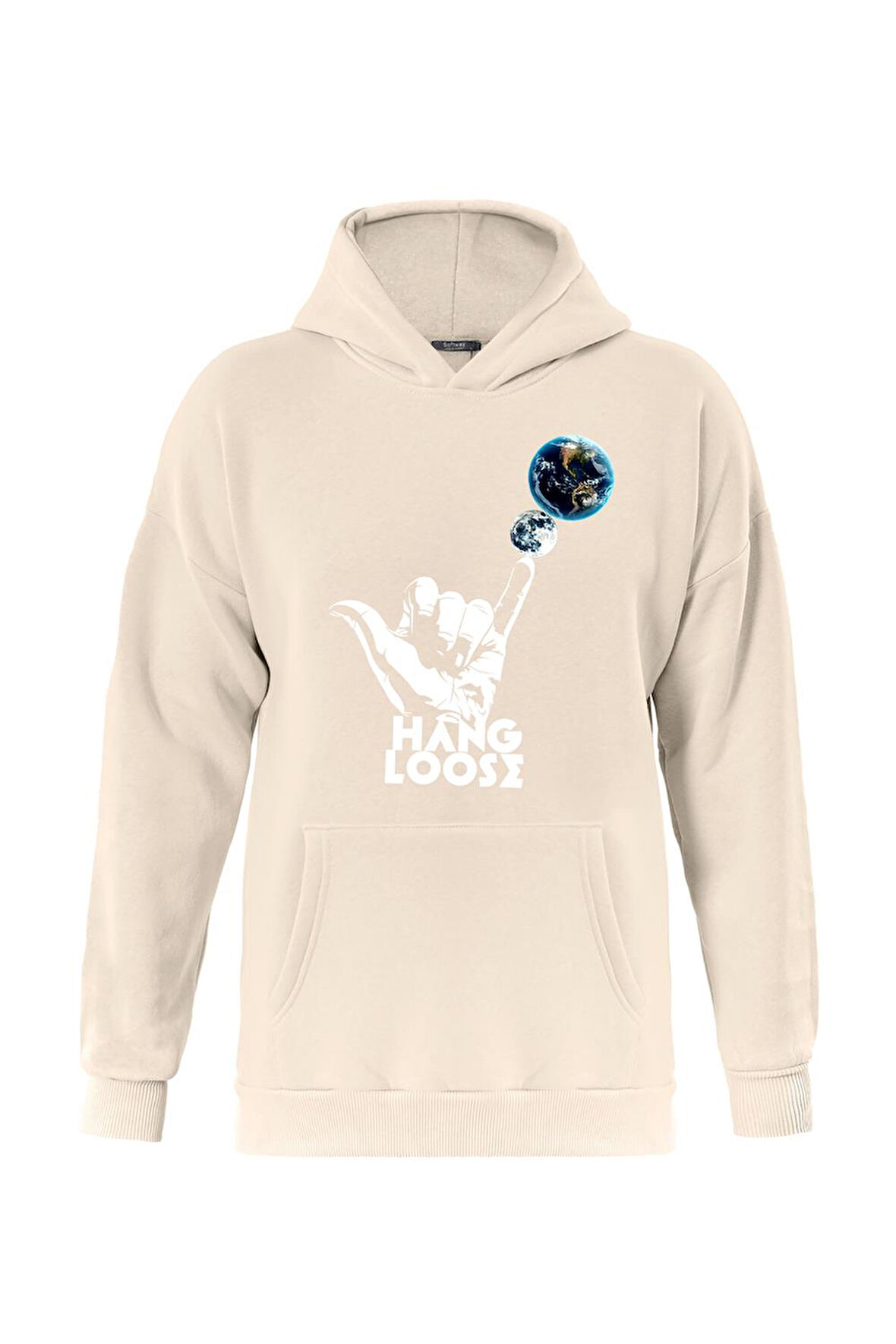 Unisex Hang Loose Baskılı Kapüşonlu İçi Yumuşak Polarlı Oversize Sweatshirt - BEJ