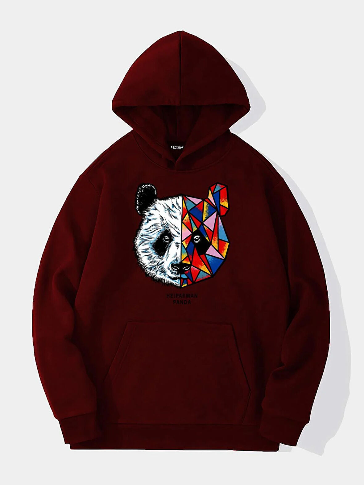 Unisex Heiparman Panda Baskılı Kapüşonlu İçi Yumuşak Polarlı Oversize Sweatshirt - BORDO