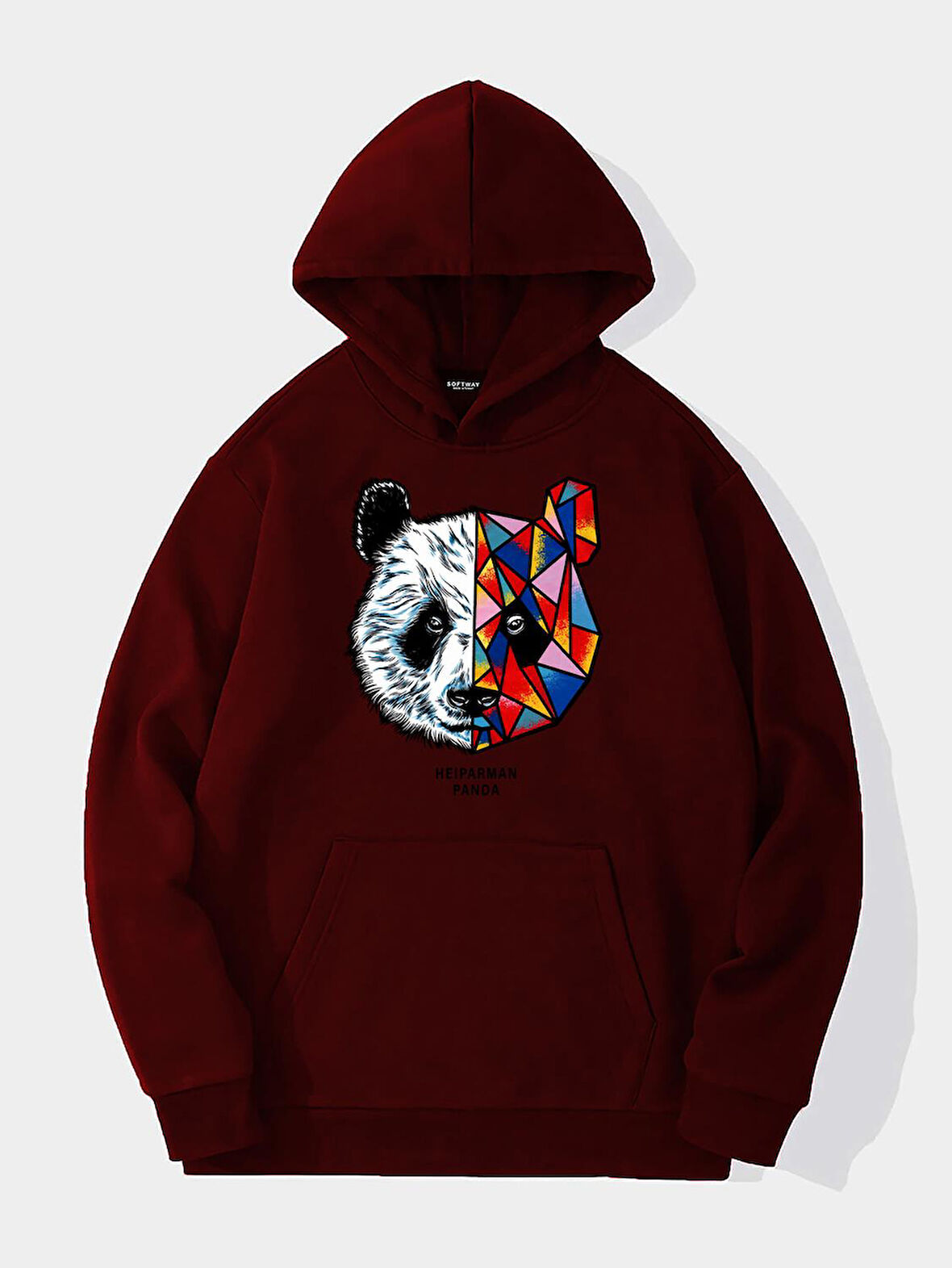 Unisex Heiparman Panda Baskılı Kapüşonlu İçi Yumuşak Polarlı Oversize Sweatshirt - BORDO