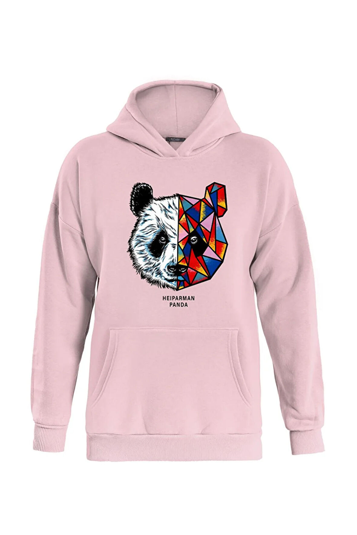 Unisex Heiparman Panda Baskılı Kapüşonlu İçi Yumuşak Polarlı Oversize Sweatshirt - PEMBE