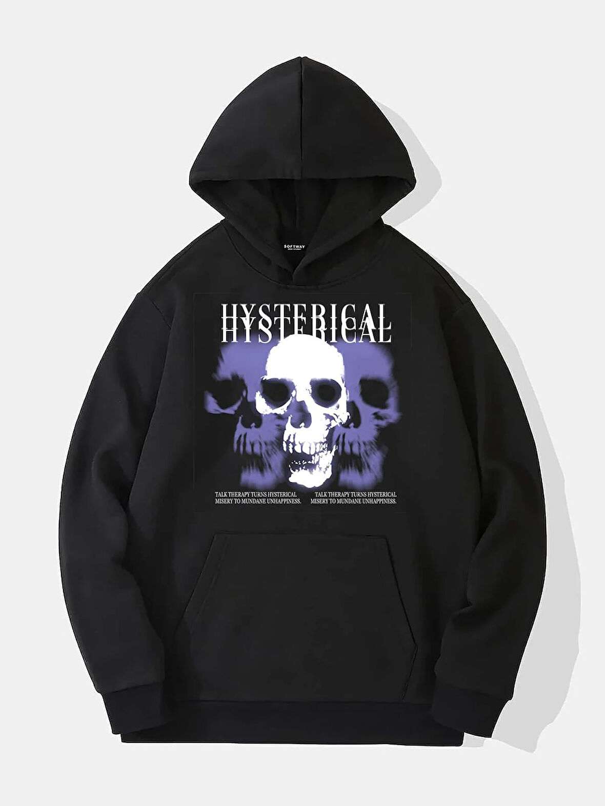 Unisex Hysterigal Baskılı Kapüşonlu İçi Yumuşak Polarlı Oversize Sweatshirt - SİYAH