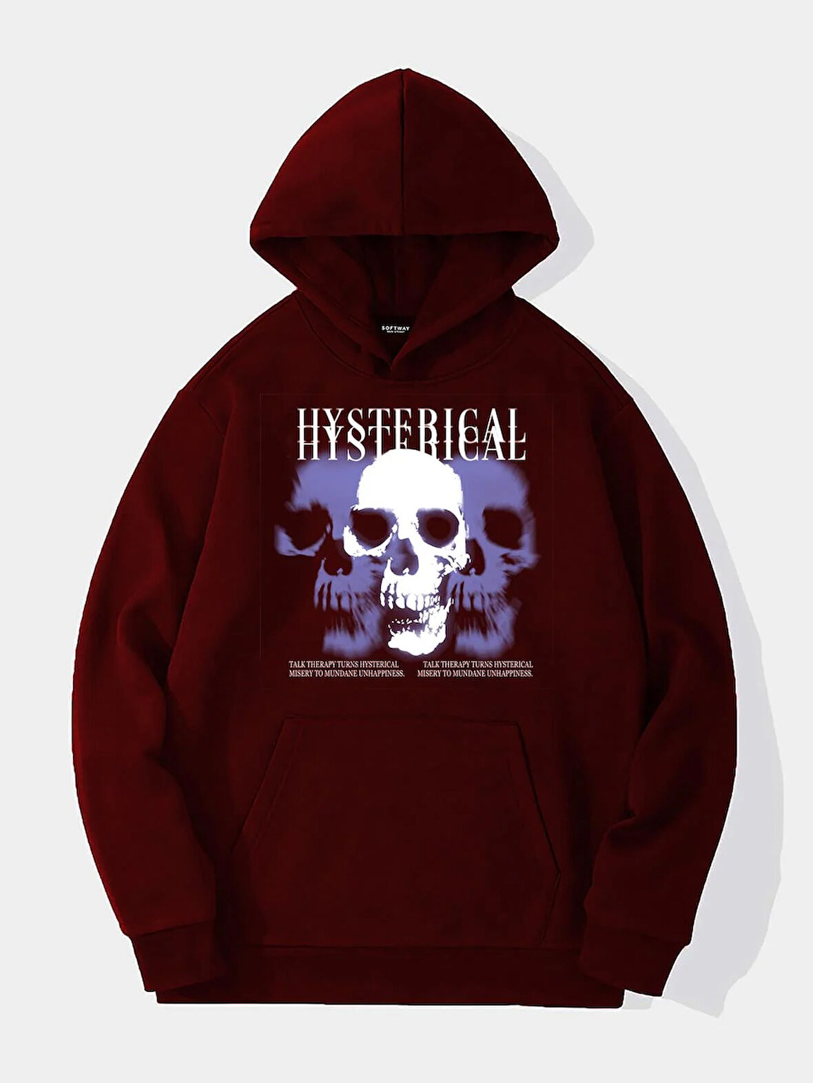 Unisex Hysterigal Baskılı Kapüşonlu İçi Yumuşak Polarlı Oversize Sweatshirt - BORDO