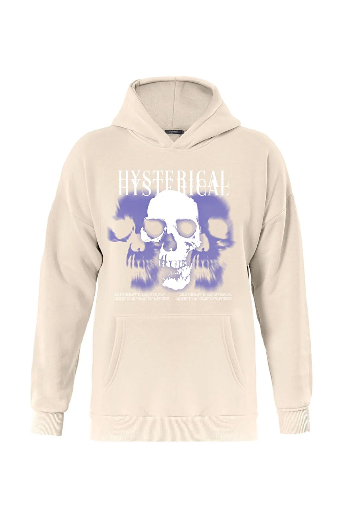 Unisex Hysterigal Baskılı Kapüşonlu İçi Yumuşak Polarlı Oversize Sweatshirt - BEJ