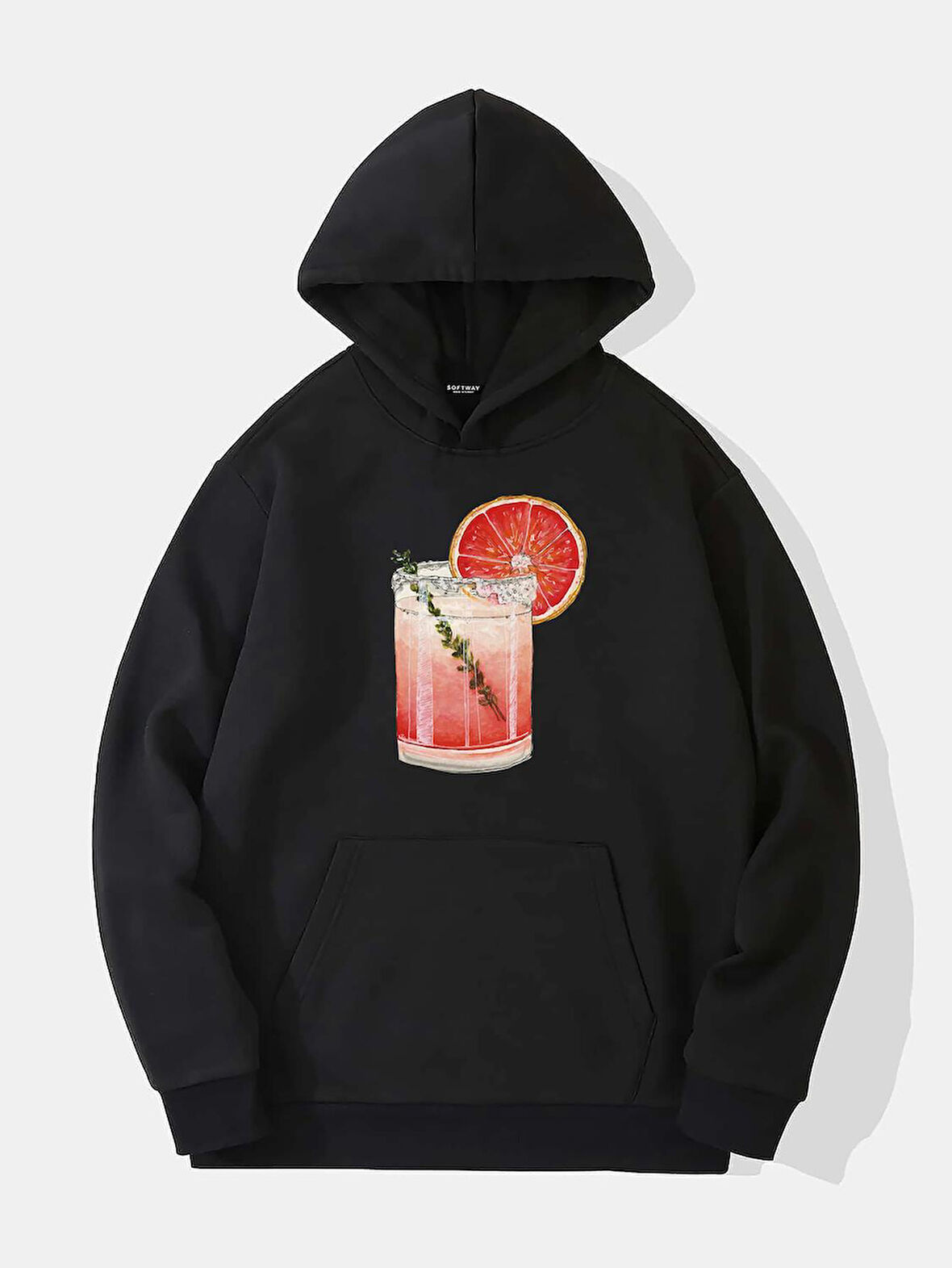 Unisex Orange Cocktail Baskılı Kapüşonlu İçi Yumuşak Polarlı Oversize Sweatshirt - SİYAH