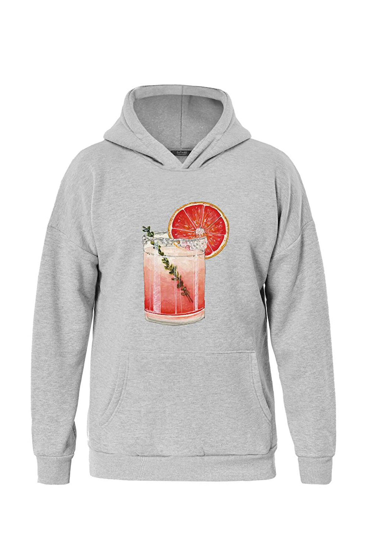 Unisex Orange Cocktail Baskılı Kapüşonlu İçi Yumuşak Polarlı Oversize Sweatshirt - GRİ