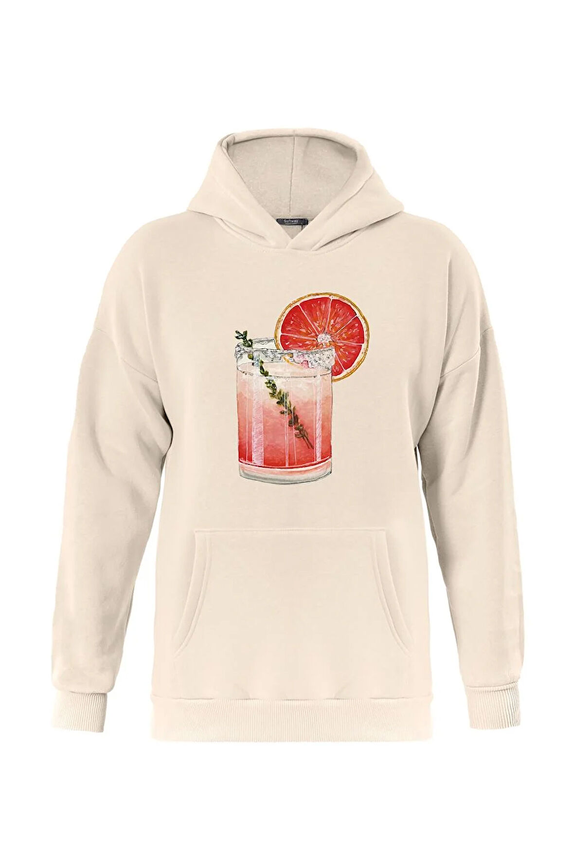 Unisex Orange Cocktail Baskılı Kapüşonlu İçi Yumuşak Polarlı Oversize Sweatshirt - BEJ