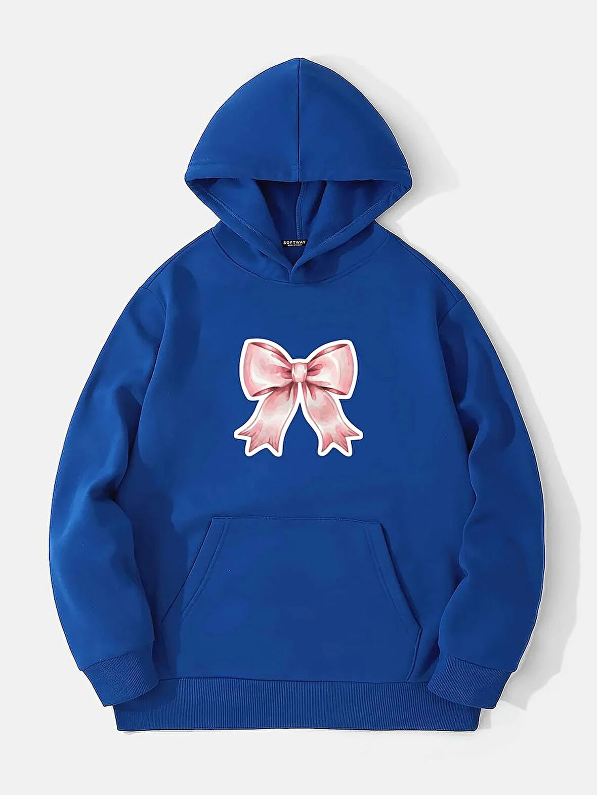 Unisex Powder Pink Baskılı Kapüşonlu İçi Yumuşak Polarlı Oversize Sweatshirt - SAKS MAVİSİ