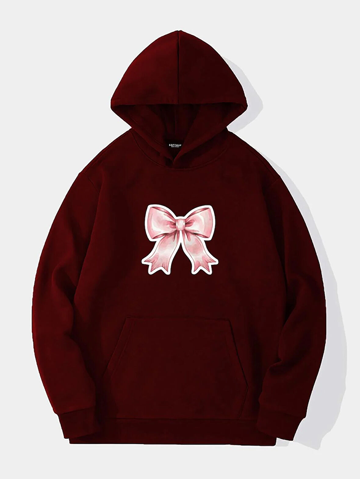 Unisex Powder Pink Baskılı Kapüşonlu İçi Yumuşak Polarlı Oversize Sweatshirt - BORDO