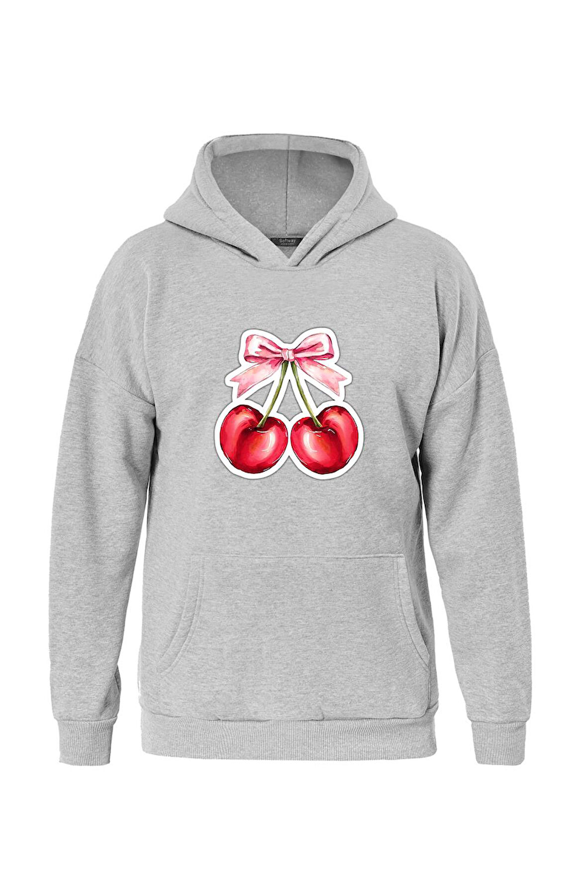 Unisex Ribbon Cherry Baskılı Kapüşonlu İçi Yumuşak Polarlı Oversize Sweatshirt - GRİ