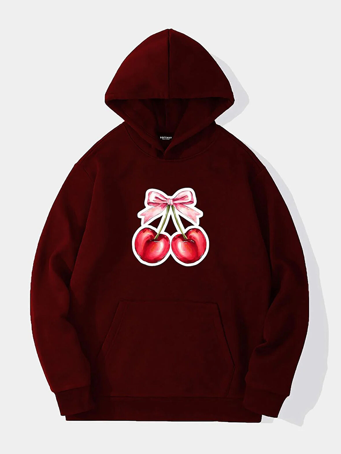 Unisex Ribbon Cherry Baskılı Kapüşonlu İçi Yumuşak Polarlı Oversize Sweatshirt - BORDO