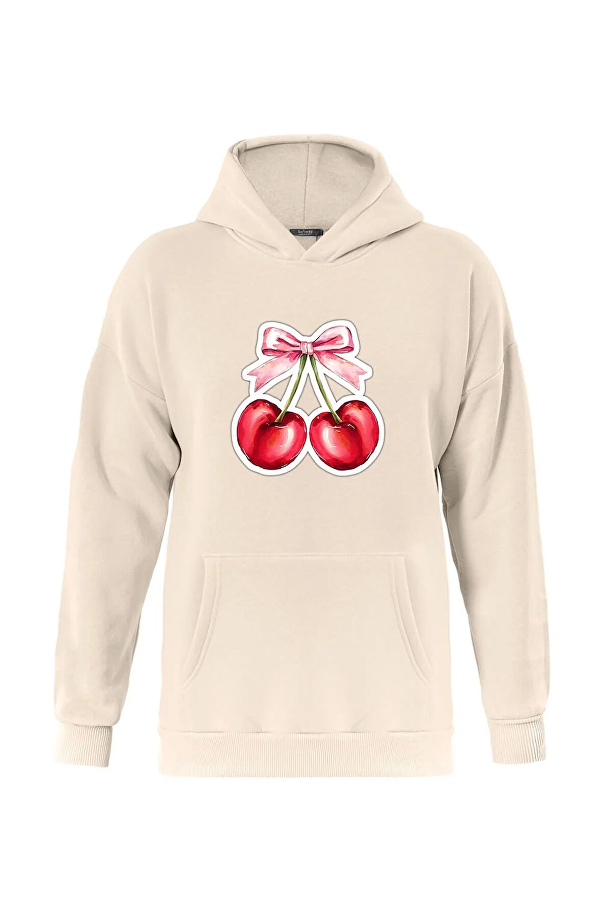 Unisex Ribbon Cherry Baskılı Kapüşonlu İçi Yumuşak Polarlı Oversize Sweatshirt - BEJ