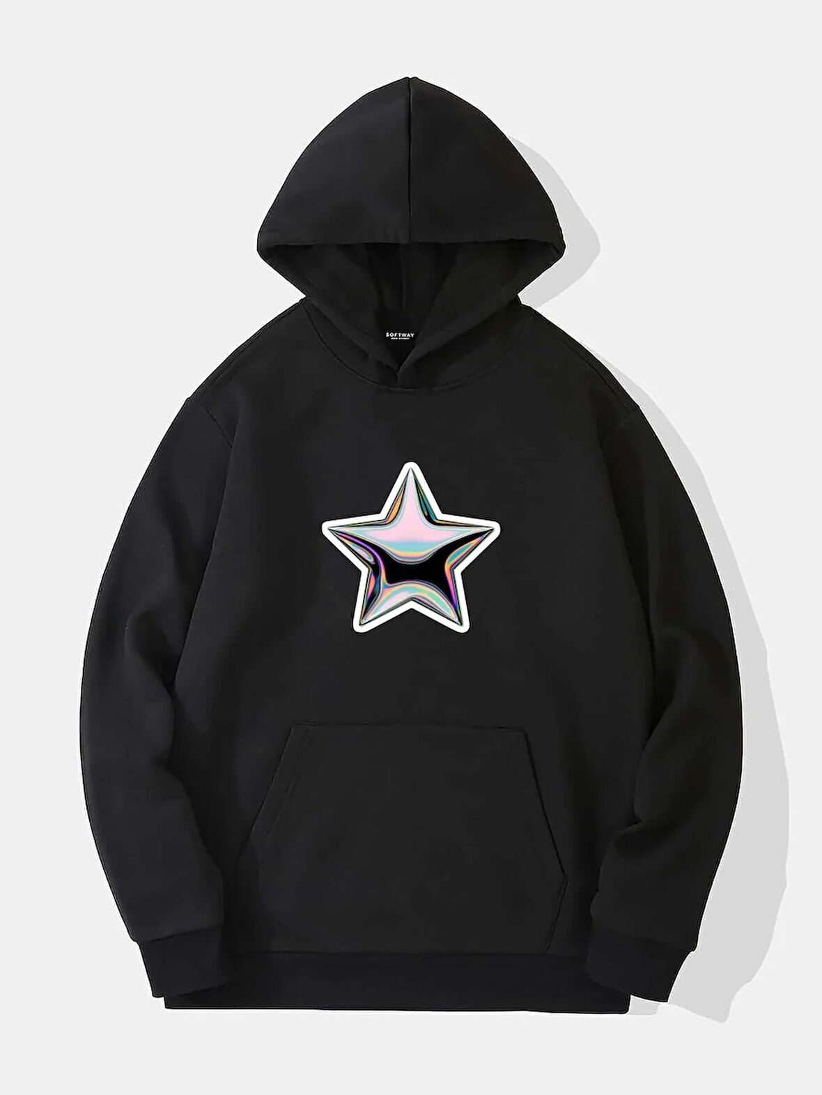 Unisex Shining Metallic Star Baskılı Kapüşonlu İçi Yumuşak Polarlı Oversize Sweatshirt - SİYAH