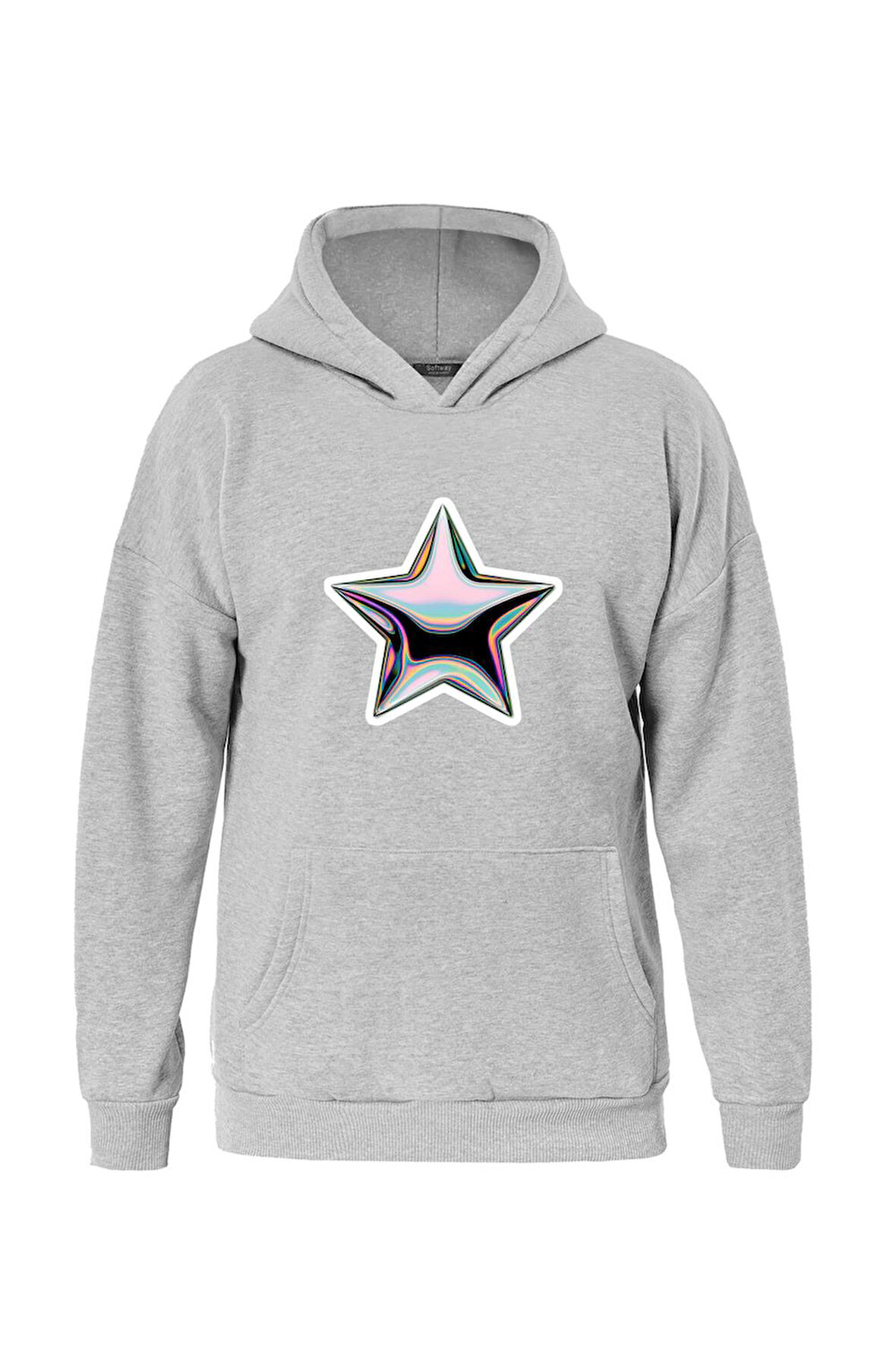 Unisex Shining Metallic Star Baskılı Kapüşonlu İçi Yumuşak Polarlı Oversize Sweatshirt - GRİ