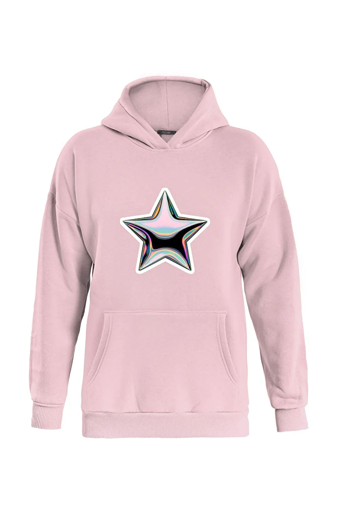 Unisex Shining Metallic Star Baskılı Kapüşonlu İçi Yumuşak Polarlı Oversize Sweatshirt - PEMBE