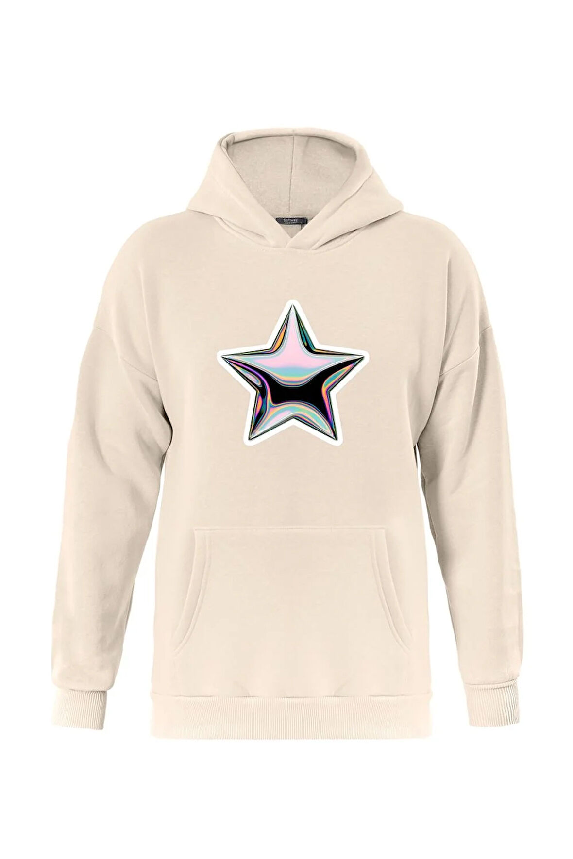 Unisex Shining Metallic Star Baskılı Kapüşonlu İçi Yumuşak Polarlı Oversize Sweatshirt - BEJ