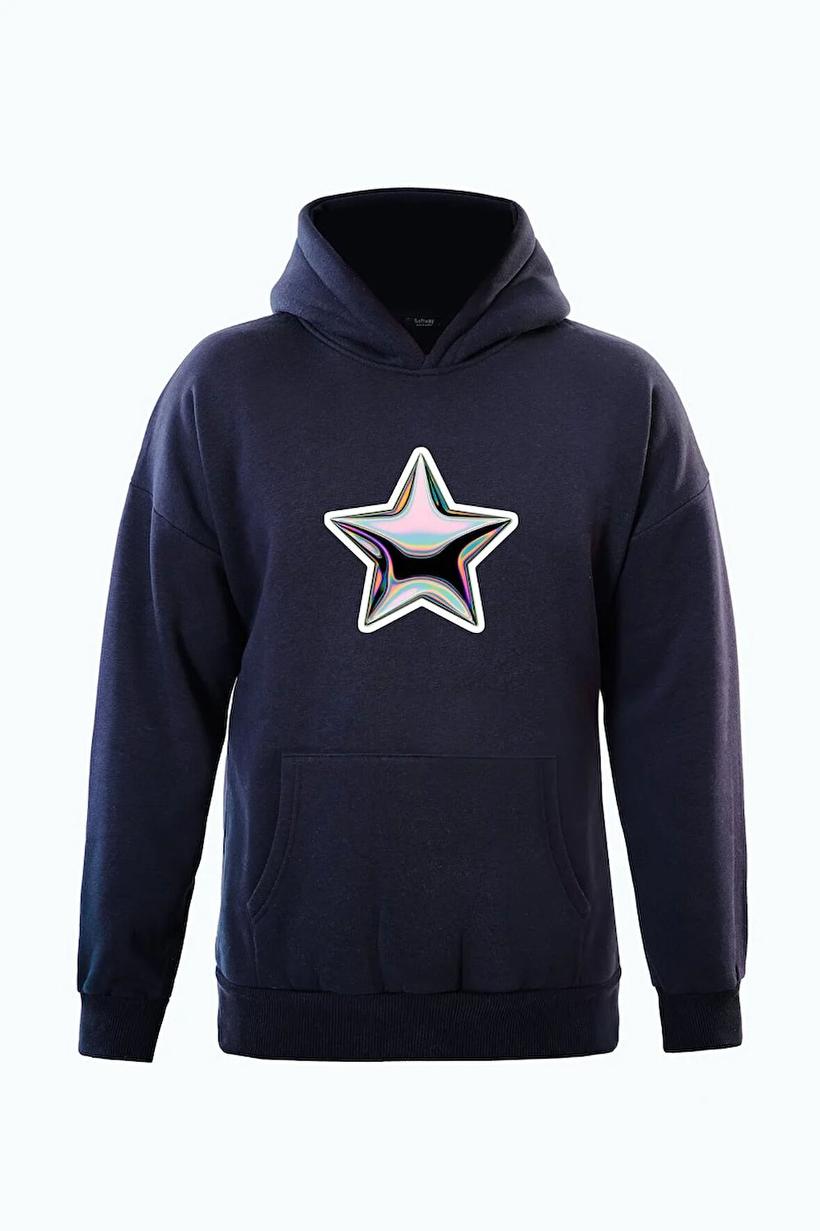 Unisex Shining Metallic Star Baskılı Kapüşonlu İçi Yumuşak Polarlı Oversize Sweatshirt - LACİVERT