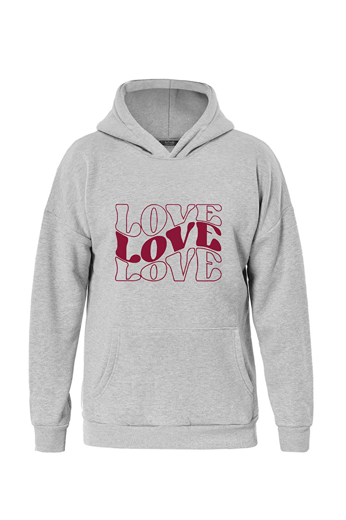 Unisex Theree Love Baskılı Kapüşonlu İçi Yumuşak Polarlı Oversize Sweatshirt - GRİ
