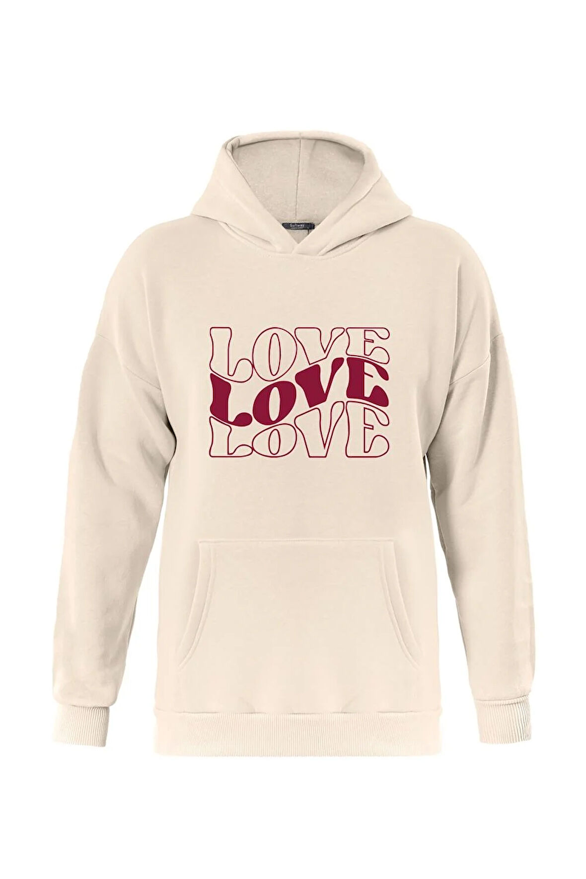 Unisex Theree Love Baskılı Kapüşonlu İçi Yumuşak Polarlı Oversize Sweatshirt - BEJ