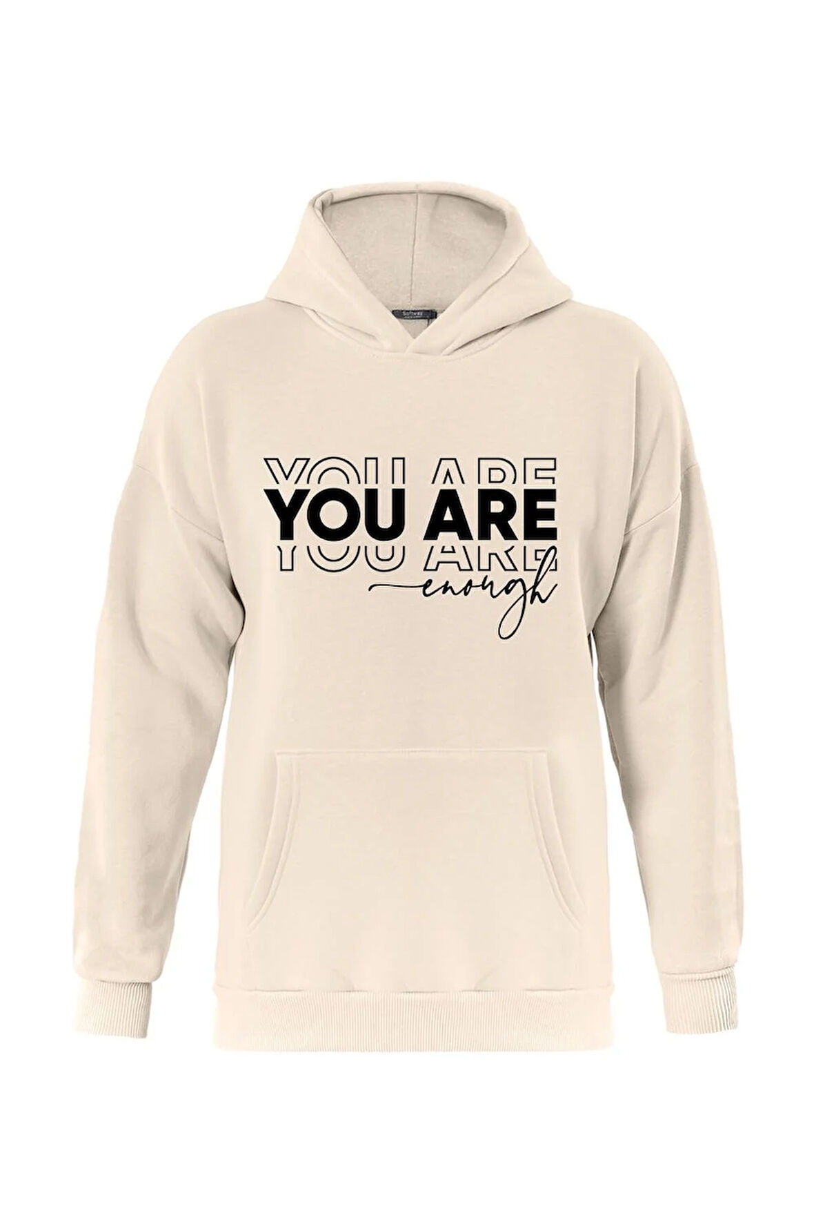 Unisex You Are Baskılı Kapüşonlu İçi Yumuşak Polarlı Oversize Sweatshirt - BEJ