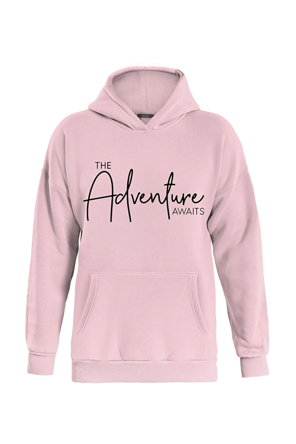 Unisex Adventure Baskılı Kapüşonlu İçi Yumuşak Polarlı Oversize Sweatshirt - PEMBE