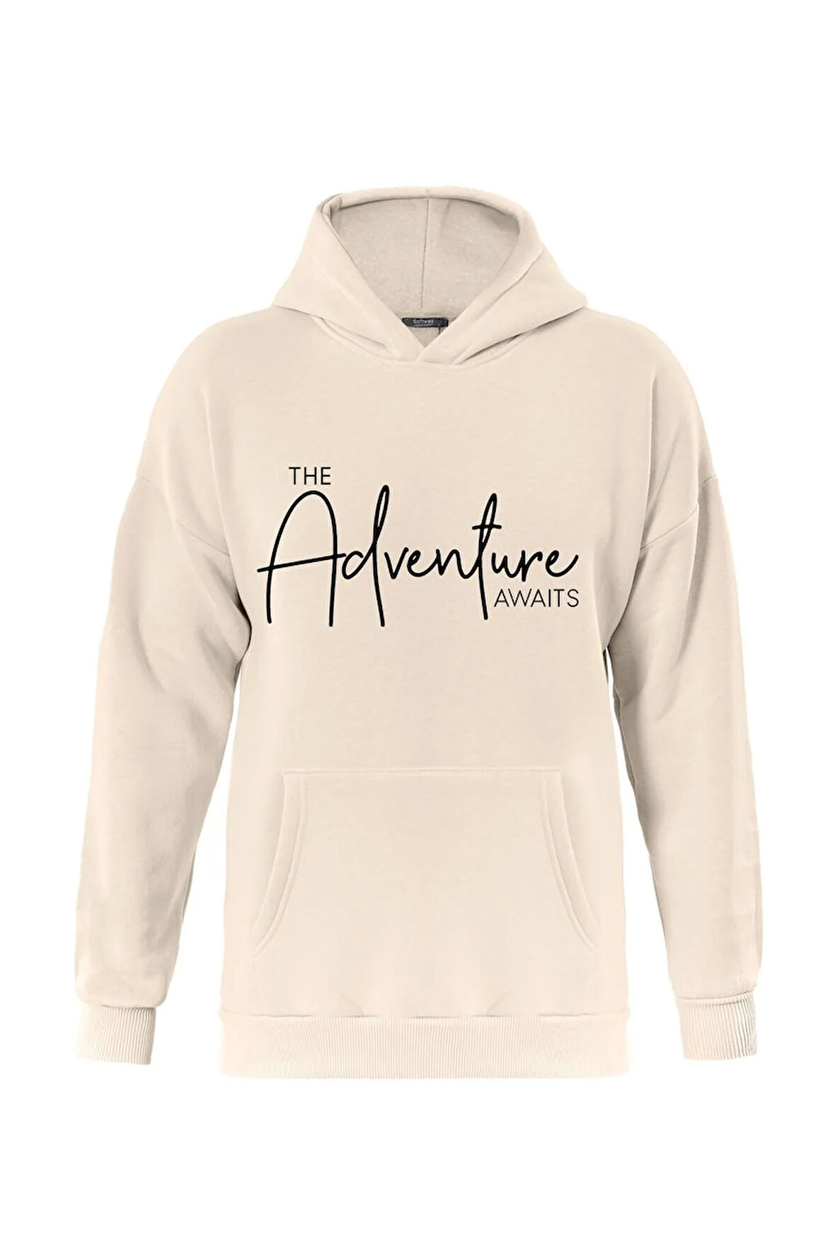 Unisex Adventure Baskılı Kapüşonlu İçi Yumuşak Polarlı Oversize Sweatshirt - BEJ