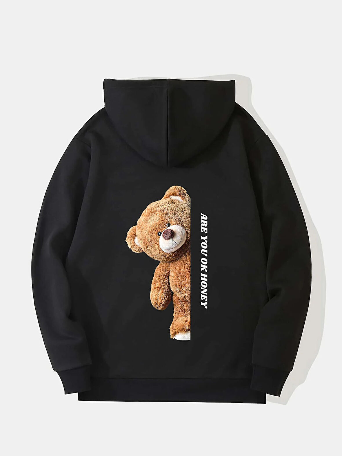 Unisex Are You Ok Honey Baskılı Kapüşonlu İçi Yumuşak Polarlı Oversize Sweatshirt - SİYAH