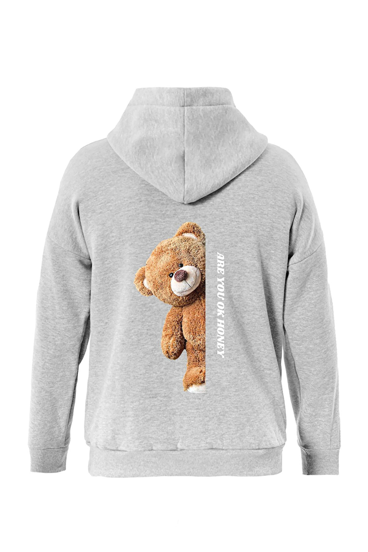 Unisex Are You Ok Honey Baskılı Kapüşonlu İçi Yumuşak Polarlı Oversize Sweatshirt - GRİ