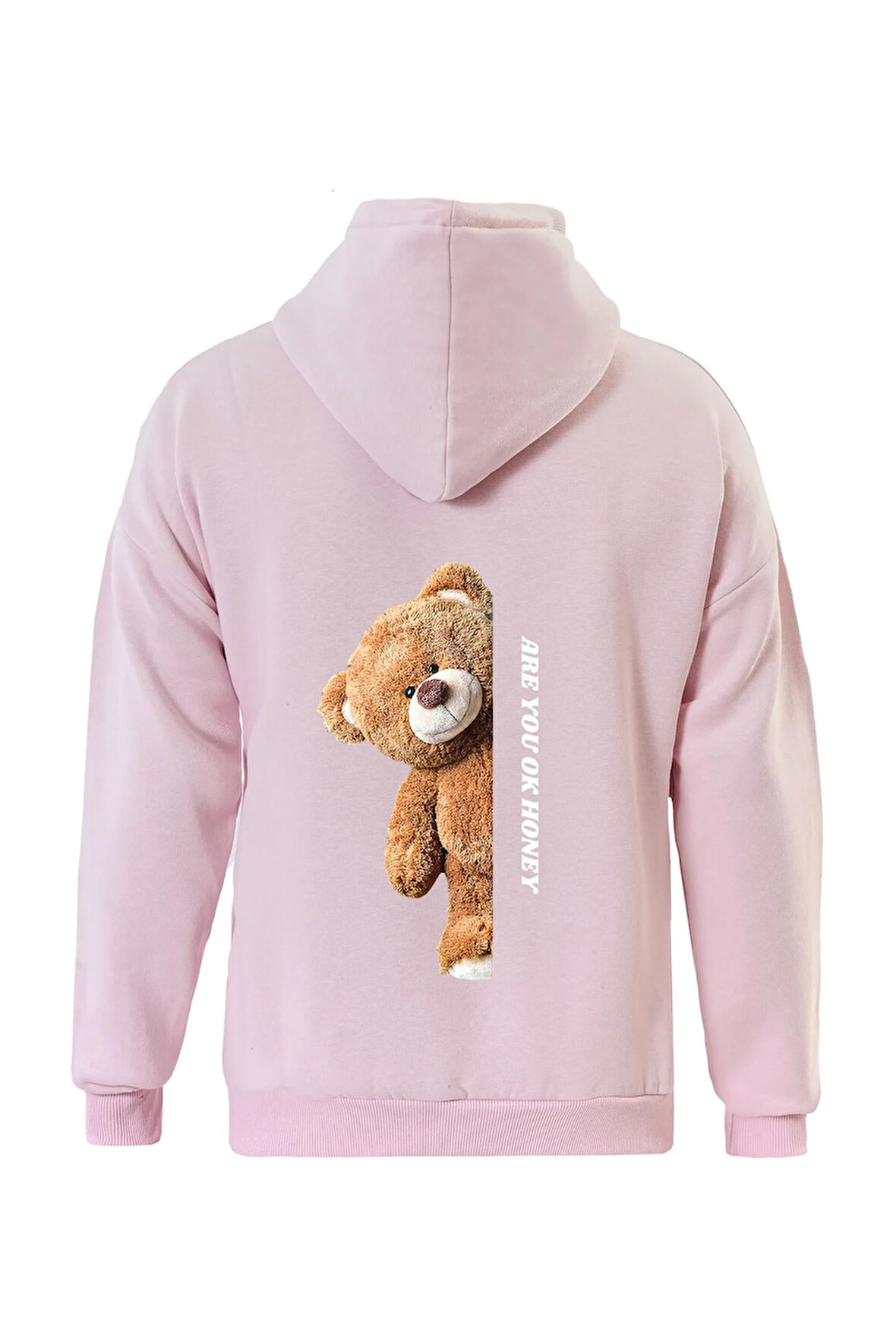 Unisex Are You Ok Honey Baskılı Kapüşonlu İçi Yumuşak Polarlı Oversize Sweatshirt - PEMBE