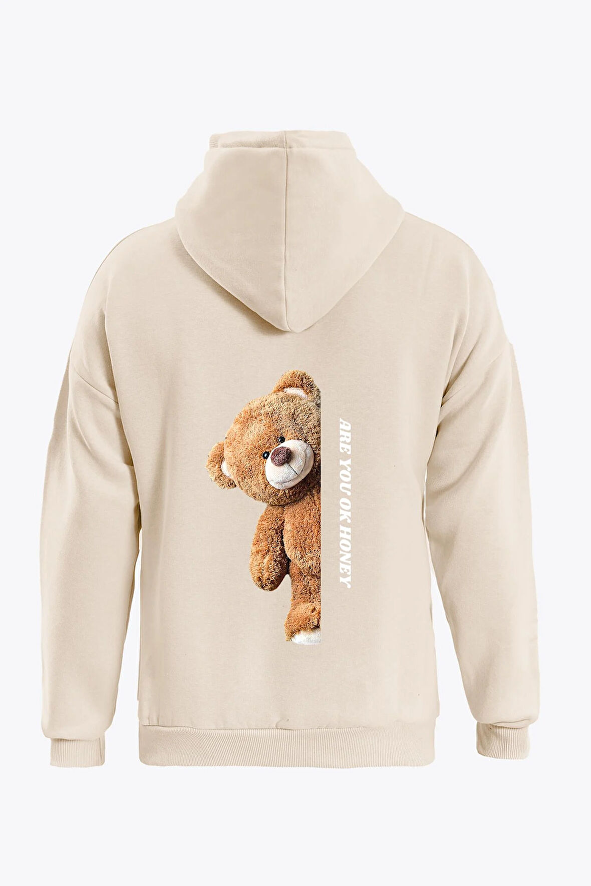 Unisex Are You Ok Honey Baskılı Kapüşonlu İçi Yumuşak Polarlı Oversize Sweatshirt - BEJ