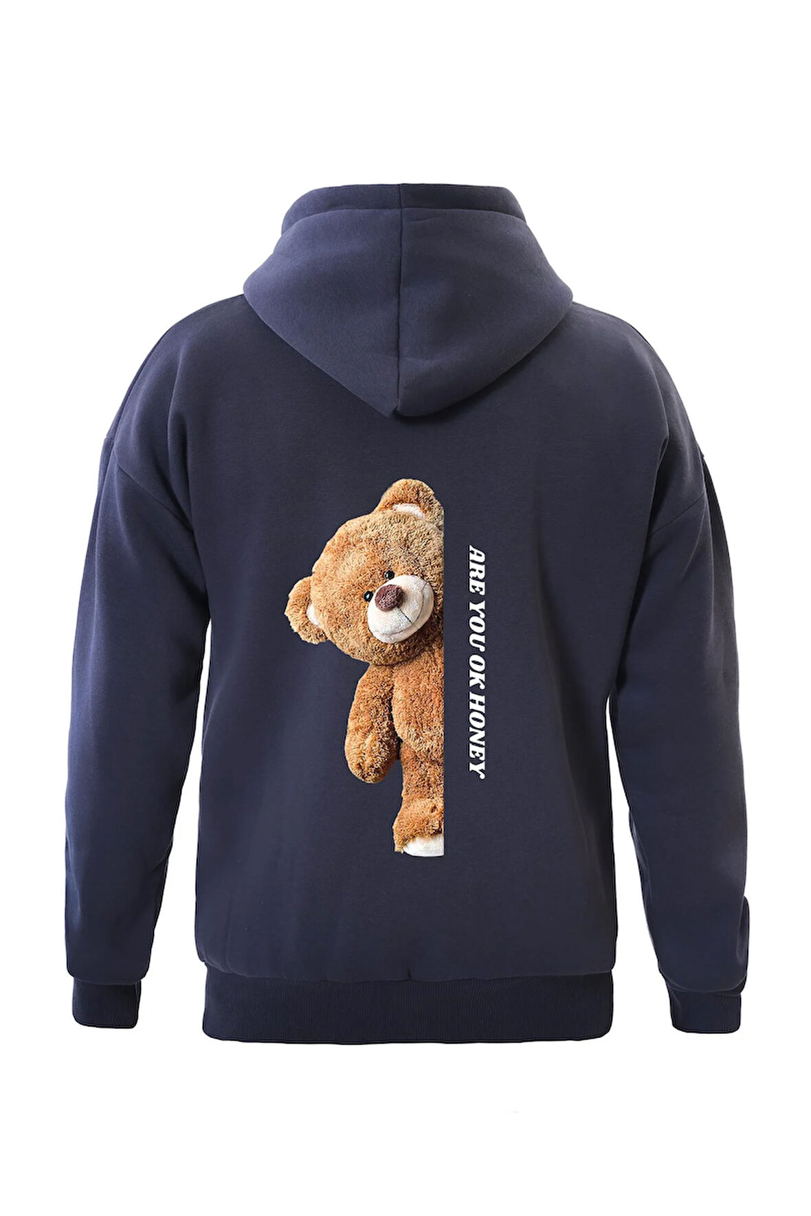 Unisex Are You Ok Honey Baskılı Kapüşonlu İçi Yumuşak Polarlı Oversize Sweatshirt - LACİVERT