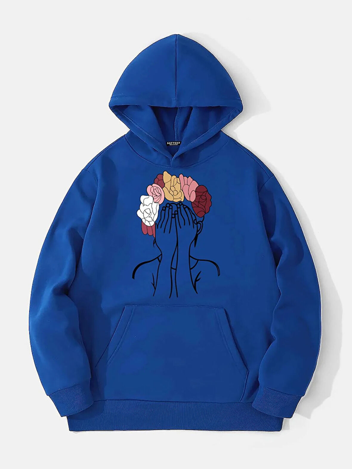 Unisex Colorful Hair Baskılı Kapüşonlu İçi Yumuşak Polarlı Oversize Sweatshirt - SAKS MAVİSİ