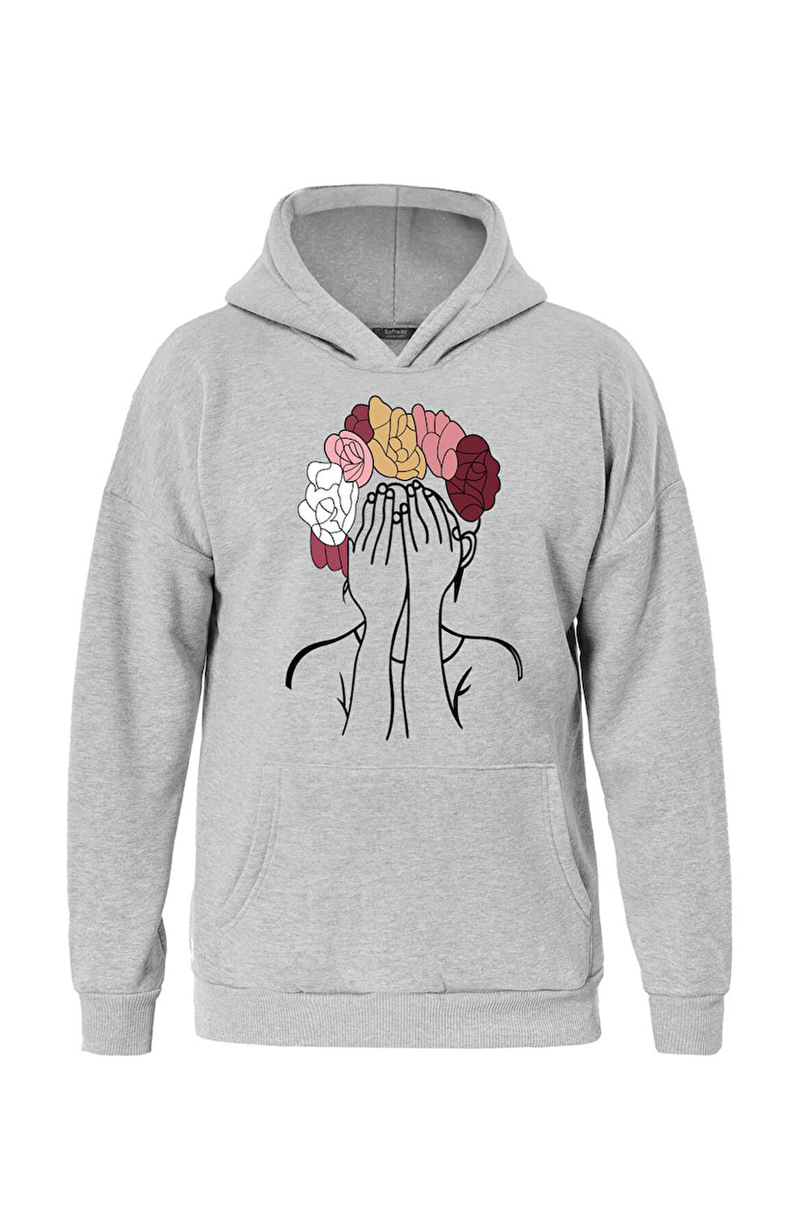 Unisex Colorful Hair Baskılı Kapüşonlu İçi Yumuşak Polarlı Oversize Sweatshirt - GRİ