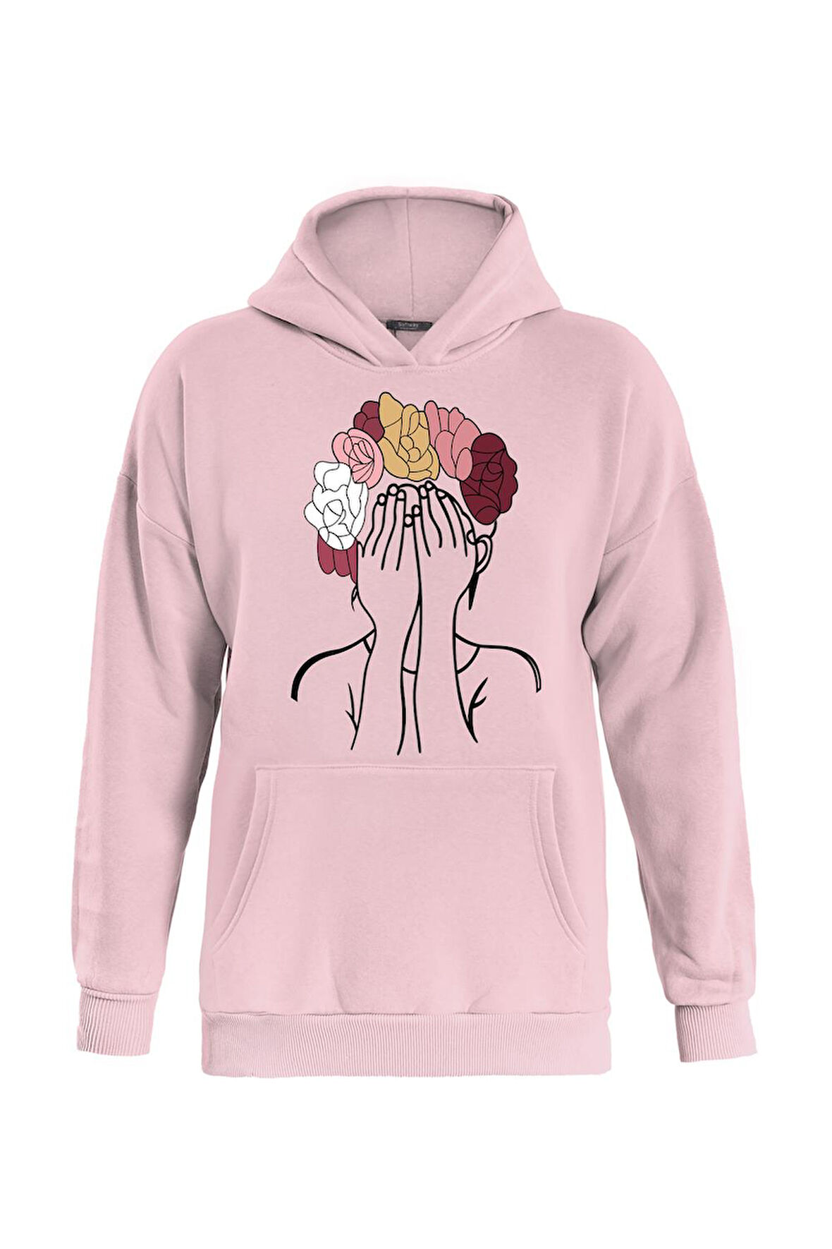 Unisex Colorful Hair Baskılı Kapüşonlu İçi Yumuşak Polarlı Oversize Sweatshirt - PEMBE