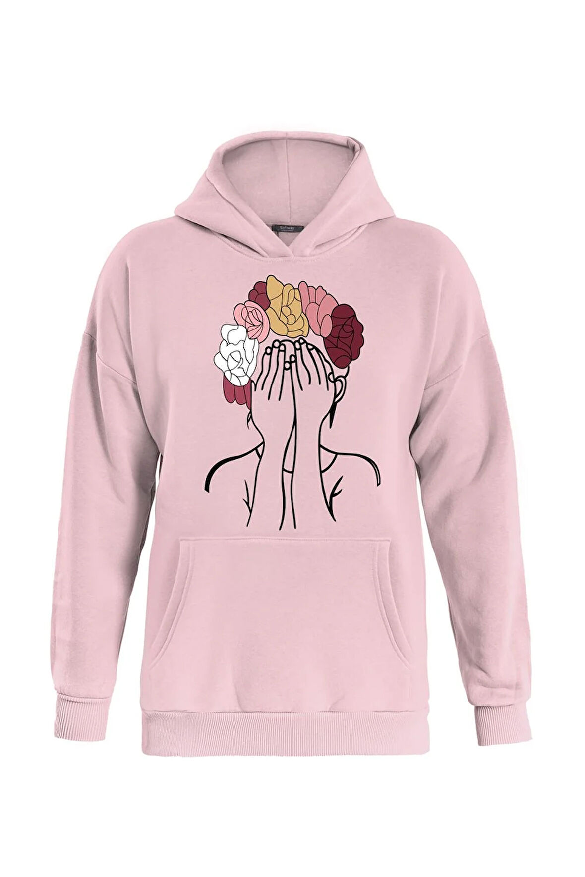 Unisex Colorful Hair Baskılı Kapüşonlu İçi Yumuşak Polarlı Oversize Sweatshirt - PEMBE