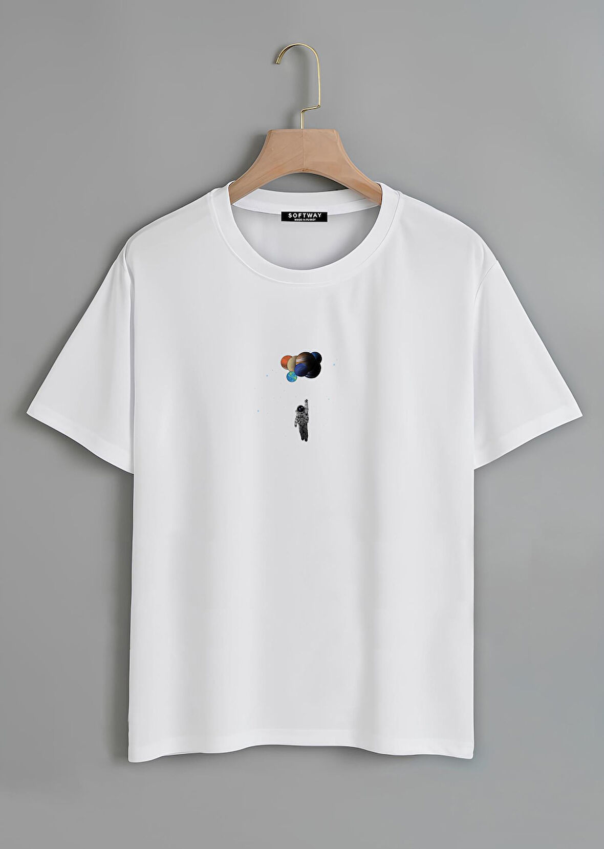 Unisex Oversize Bisiklet Yaka Balloon Astronaut Baskılı Basic T-Shirt - BEYAZ