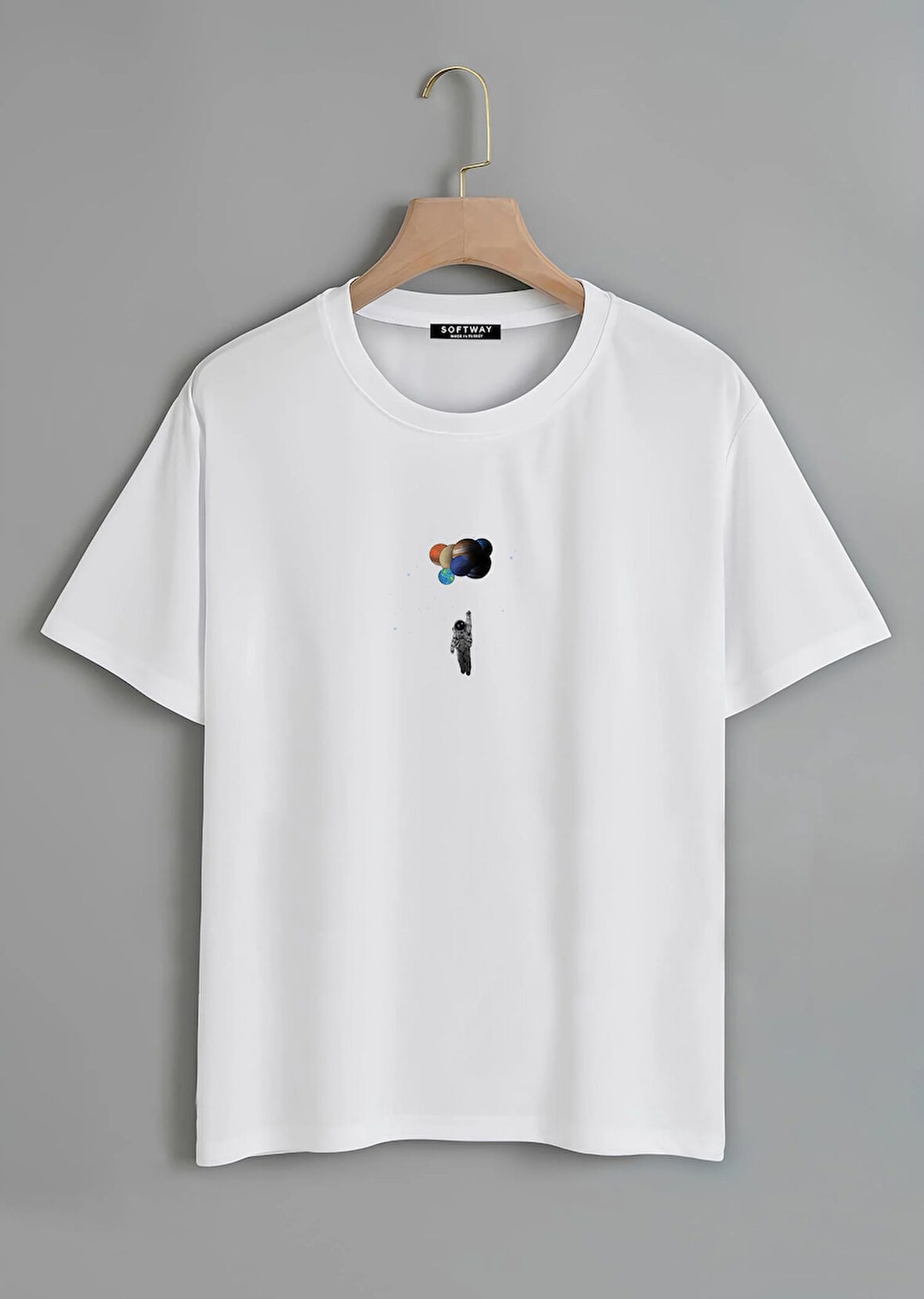 Unisex Oversize Bisiklet Yaka Balloon Astronaut Baskılı Basic T-Shirt - BEYAZ