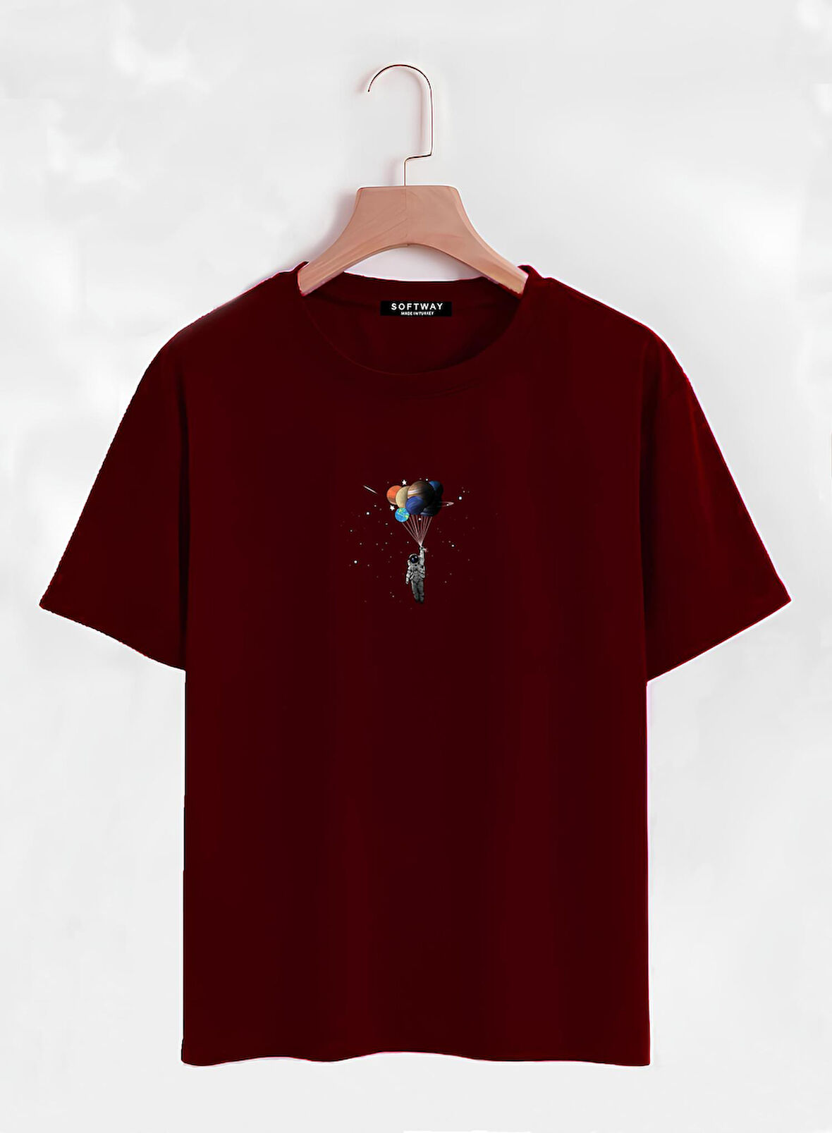 Unisex Oversize Bisiklet Yaka Balloon Astronaut Baskılı Basic T-Shirt - BORDO